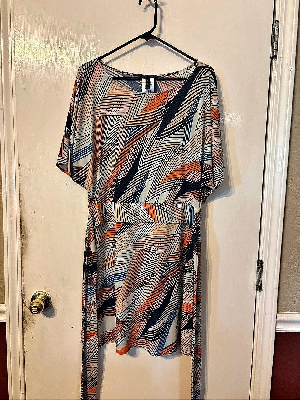 BCBGMAXAZRIA Geometric Midi Dress in Blue & Orange Size Medium